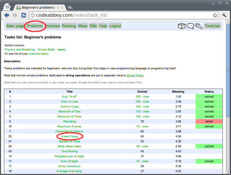 Sample view of Problem List